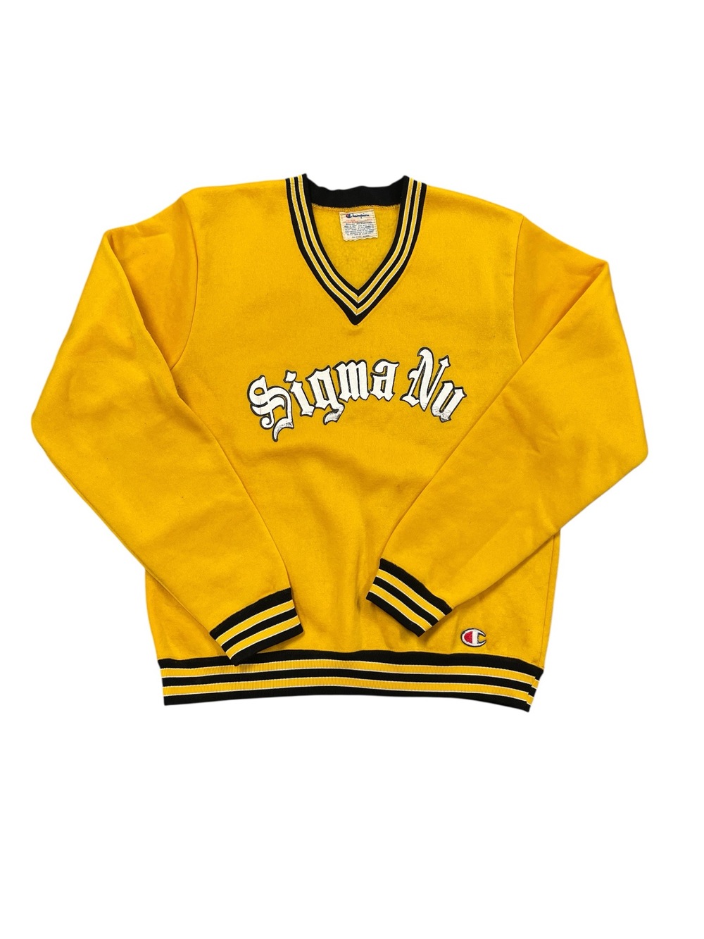 Vintage 1980s Champion Sigma Nu V-Neck Sweater Yellow Varsity Collegiate